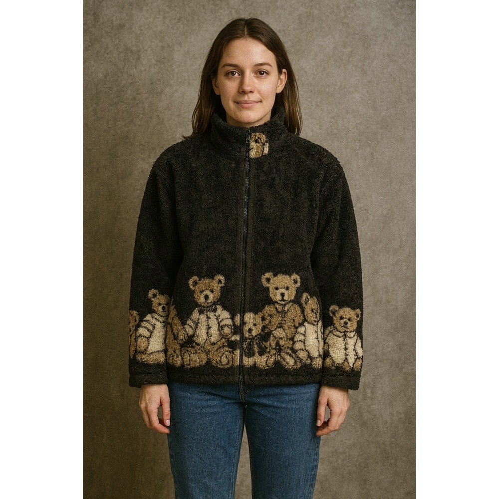 Vintage 80s 90s Teddy Bear Fleece Jacket‎ Women's XL Black Brown Cozy USA